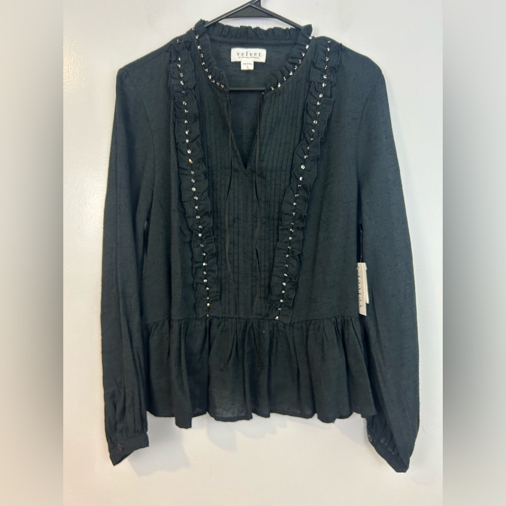 NWT Velvet by Graham & Spencer Black Ruffled Popover Studded Blouse/Top Large - Picture 2 of 12